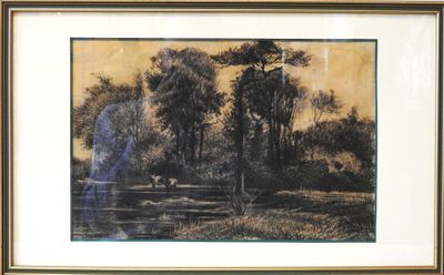 painting of a landscape with trees and a river in the foreground
