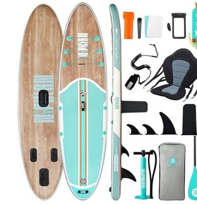 une image représentant une planche de surf accompagnée d'accessoires, notamment une pagaie, une planche de stand-up paddle et d'autres articles
