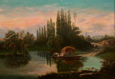 un tableau représentant un bateau sur une rivière, avec des personnes à bord
