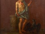 an oil painting of a man holding a spear in his hand