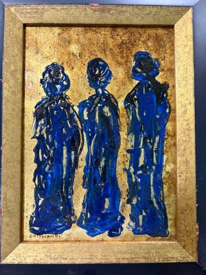 tableau représentant trois personnages bleus dans un cadre doré sur fond bleu