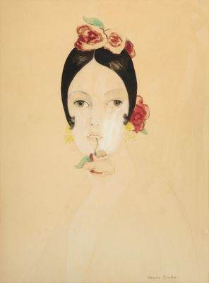 une image d'une peinture représentant une femme avec des fleurs dans les cheveux