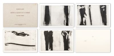 six black and white paintings of different shapes and sizes on a white surface