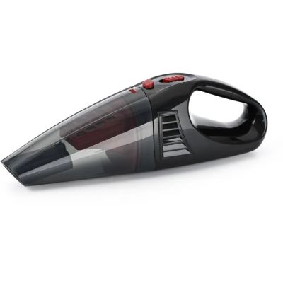 a close up of a black and red vacuum cleaner on a white surface