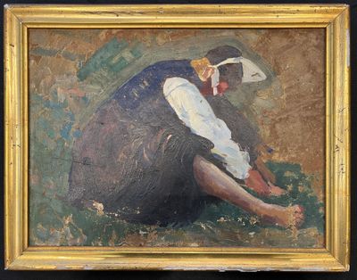 an oil painting of a woman kneeling on the ground with her hands on her knees