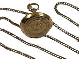 a gold pocket watch on a chain on a white background