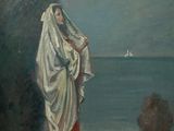 une peinture à l'huile représentant une femme vêtue d'un châle blanc au bord de l'eau