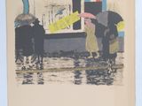 une photo montrant deux personnes marchant sous la pluie avec des parapluies