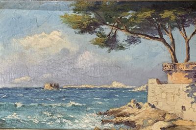 une photo d'un tableau représentant un arbre au bord de l'eau