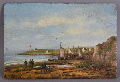 tableau représentant une scène de plage avec des bateaux et des personnes sur le rivage