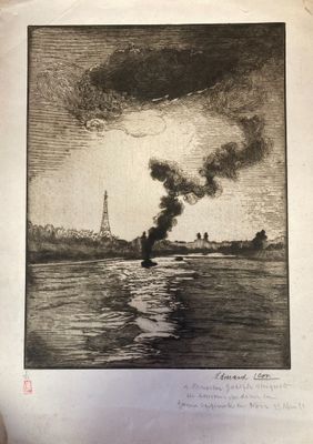 an image of a black and white drawing of a boat in the water