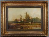 an oil painting of a farm scene with cows grazing in a field