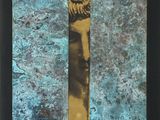 an image of a painting of a woman ' s face on a blue and gold background