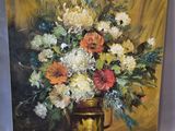 a painting of a vase of flowers on a table