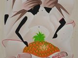 a painting of two women holding a pineapple