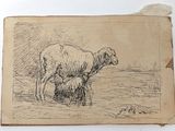 an old drawing of a sheep and a baby sheep in a field