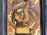 painting of a bird on a pedestal with a mirror in the background