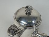 a silver teapot with a handle and a lid
