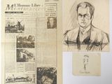 two drawings of a man in a suit and tie next to a newspaper