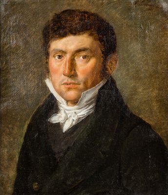 un tableau représentant un homme vêtu d'un manteau noir à col blanc