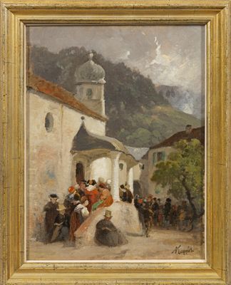 an image of a painting of a group of people in front of a church