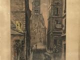 drawing of a street scene with buildings and a clock tower