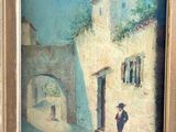 painting of a man in a tuxedo standing in front of a building