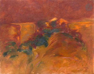 une peinture à l'huile représentant une colline avec un arbre au premier plan