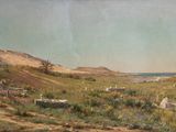 une image représentant un tableau représentant une vue d'un champ avec des moutons