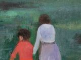 painting of two children walking in a field near a body of water