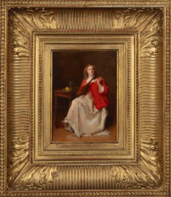 un tableau représentant une femme en robe rouge assise sur une chaise