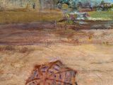 an oil painting of a baseball glove on a sandy beach