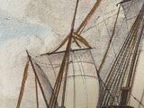 a painting of a boat in the water with a flag on it
