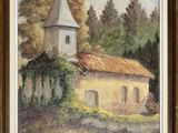 une peinture à l'huile représentant une église avec une rivière au premier plan