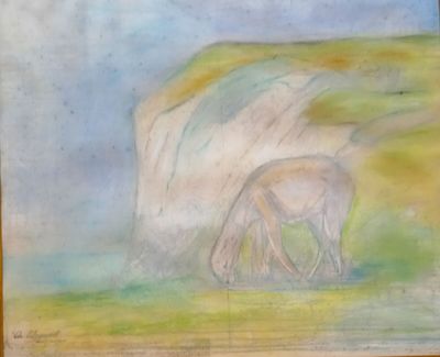 a painting of two horses grazing in a field