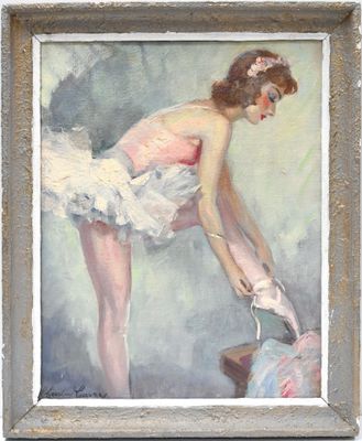 painting of a woman in a tutu tying up her ballet shoes