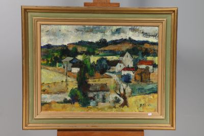 une peinture à l'huile représentant une scène de vie à la ferme, posée sur un chevalet en bois