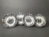 four black and white plates with a picture of people on them
