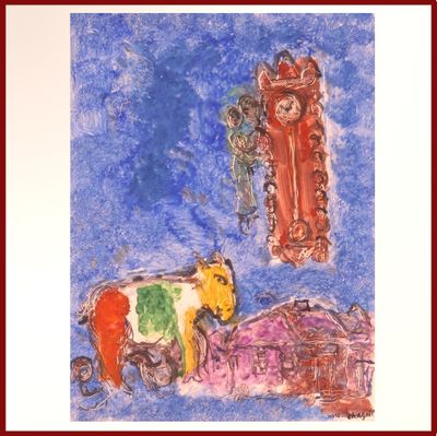 un dessin représentant une vache et un homme avec un cheval