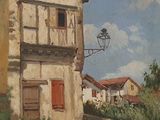 painting of an old house with red shutters on a sunny day