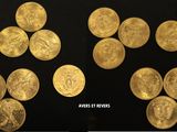 the gold coins are being displayed in a display case