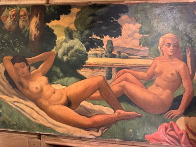 un tableau représentant deux nus allongés dans l'herbe