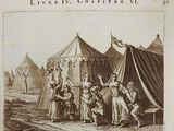 a drawing of a group of people outside of a tent