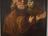 un vieux tableau représentant un homme tenant une fleur à la main
