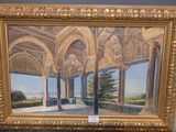 une peinture à l'huile représentant une cour avec des colonnes et des arcades