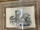framed picture of a drawing of a building with a clock tower