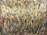a painting of a field of grass with a sky in the background