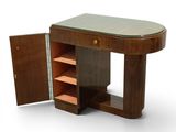 a small desk with a glass top and shelves