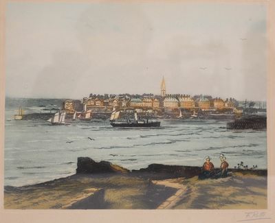 tableau représentant une vue d'un port avec des bateaux et des bâtiments en arrière-plan