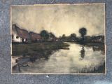 an image of a painting of a river with houses in the background